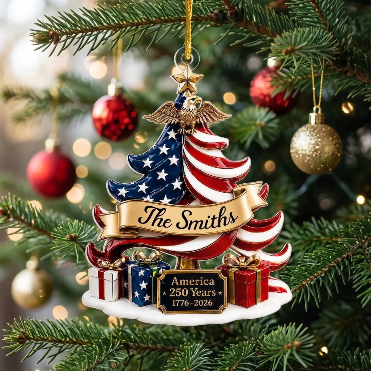 Patriotic Eagle Christmas Tree Personalized Family Name 250th Anniversary Acrylic Ornament