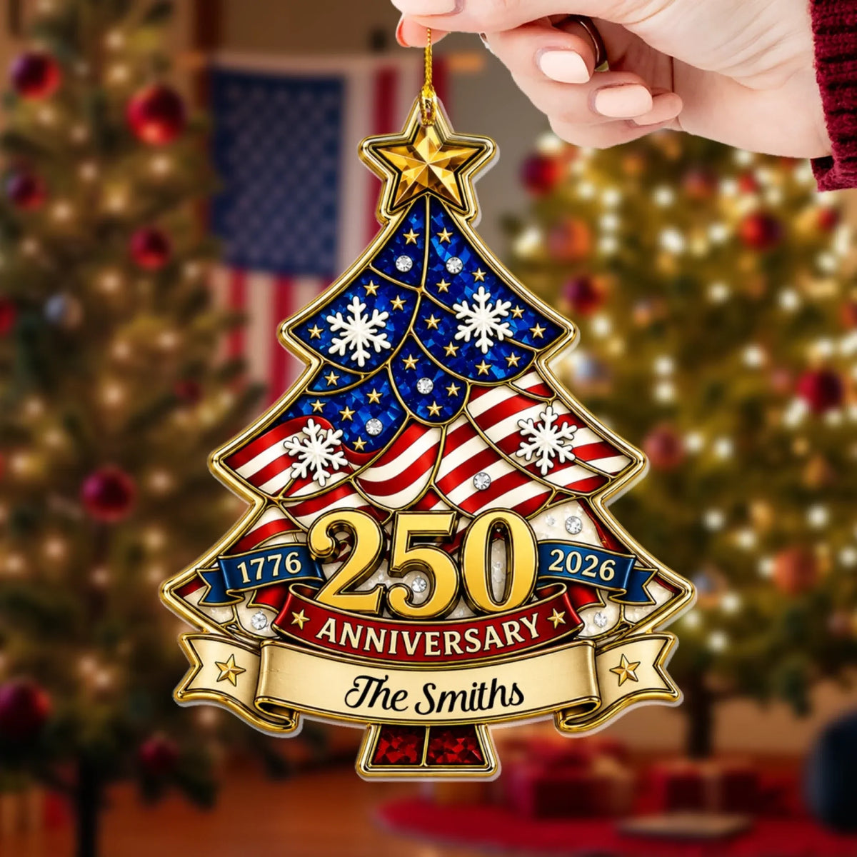 Patriotic 250th Anniversary Personalized Family Christmas Tree Acrylic Ornament