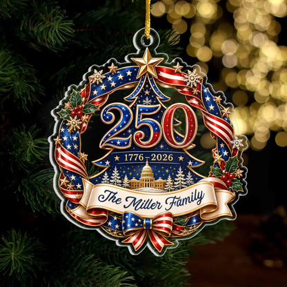 Patriotic 250th Anniversary Personalized Family Name Christmas Acrylic Ornament