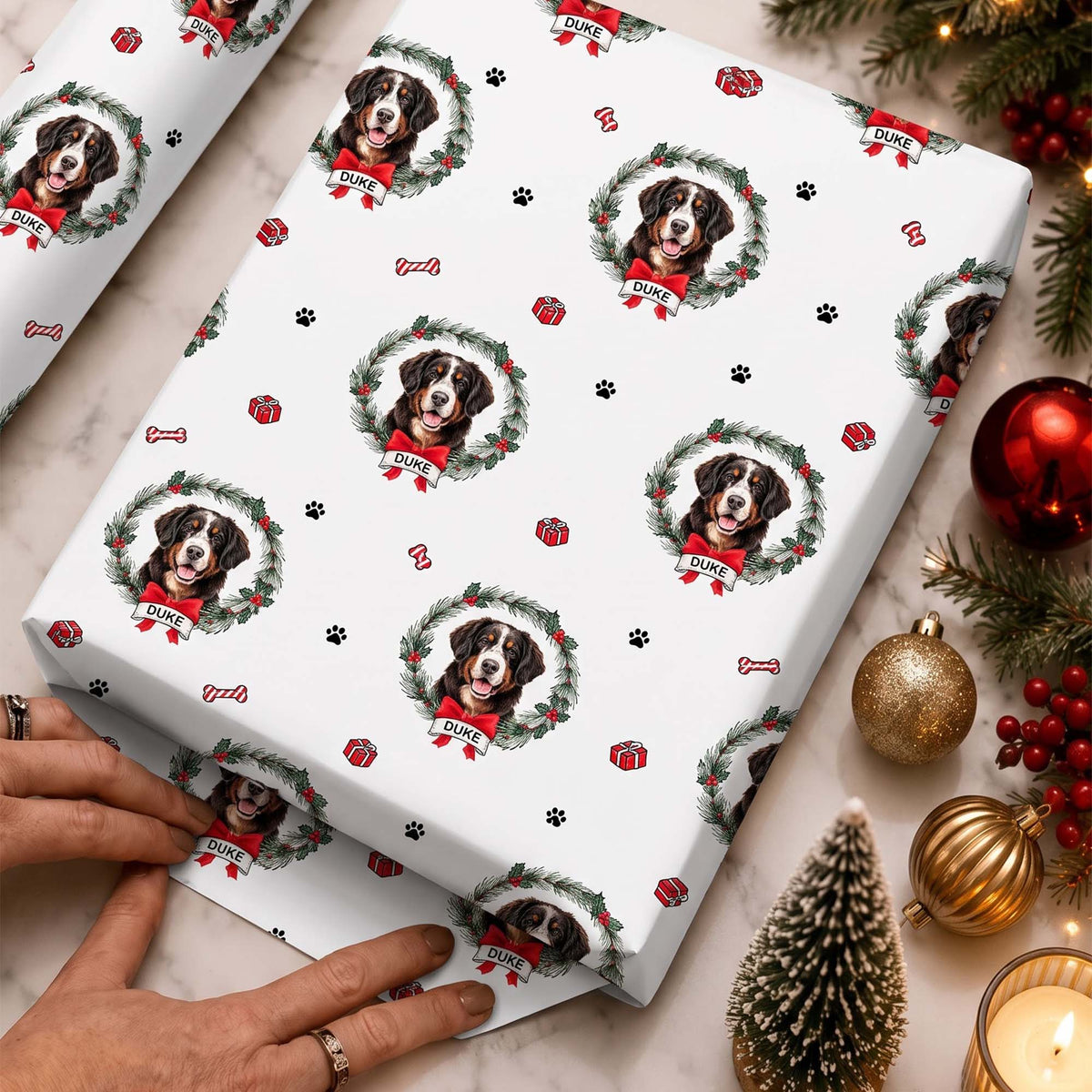 Personalized Dog Photo Christmas Wreath Wrapping Paper