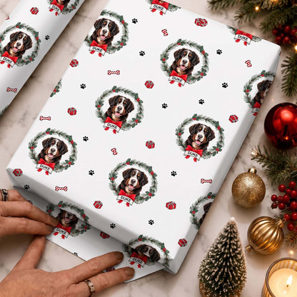 Personalized Dog Photo Christmas Wreath Wrapping Paper