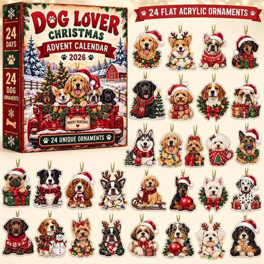 Dog Advent Calendar 2026 – 24-Piece Flat Acrylic Christmas Dog Ornaments for Dog Lovers