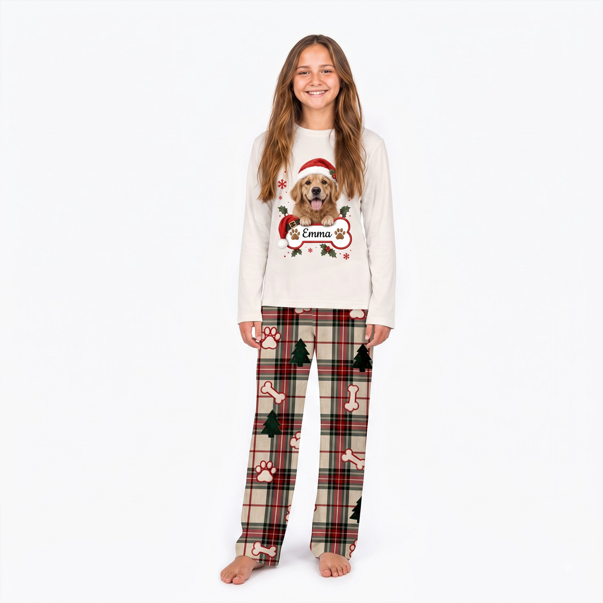Cute Personalized Pet Santa Hat Plaid Family Christmas Pajamas With Pet