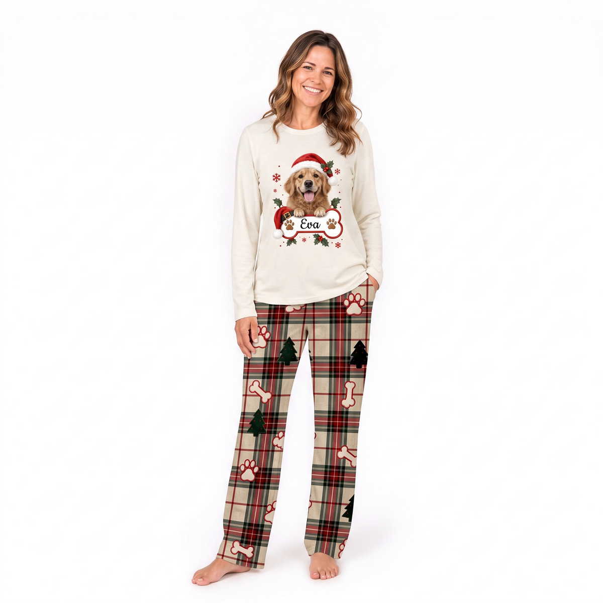 Cute Personalized Pet Santa Hat Plaid Family Christmas Pajamas With Pet