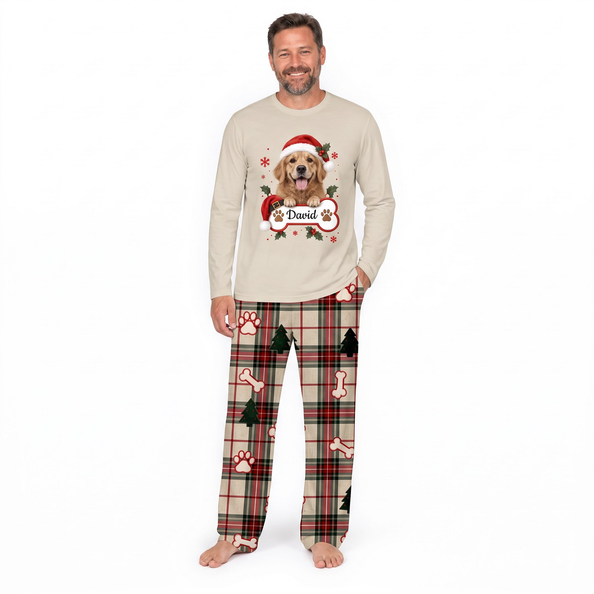 Cute Personalized Pet Santa Hat Plaid Family Christmas Pajamas With Pet
