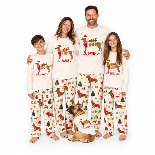 Festive Personalized Dachshund Dog Lover Family Matching Christmas Pajamas With Pet