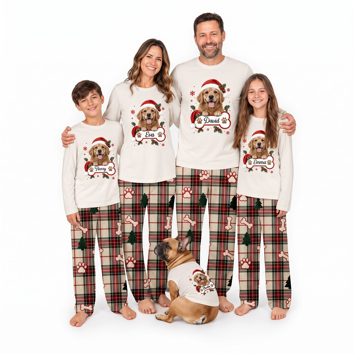 Cute Personalized Pet Santa Hat Plaid Family Christmas Pajamas With Pet