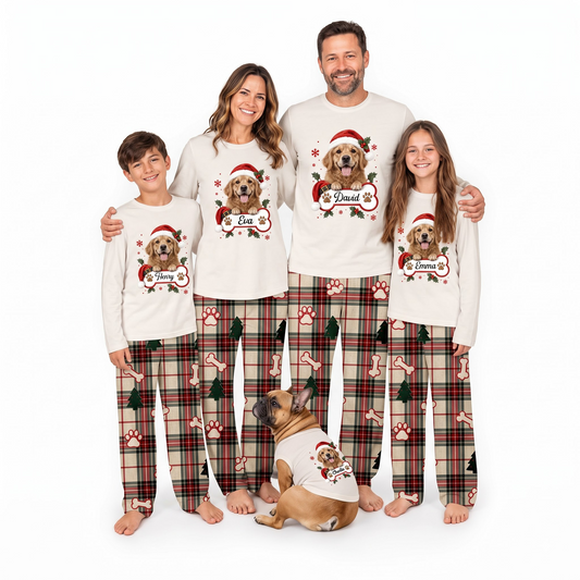 Cute Personalized Pet Santa Hat Plaid Family Christmas Pajamas With Pet