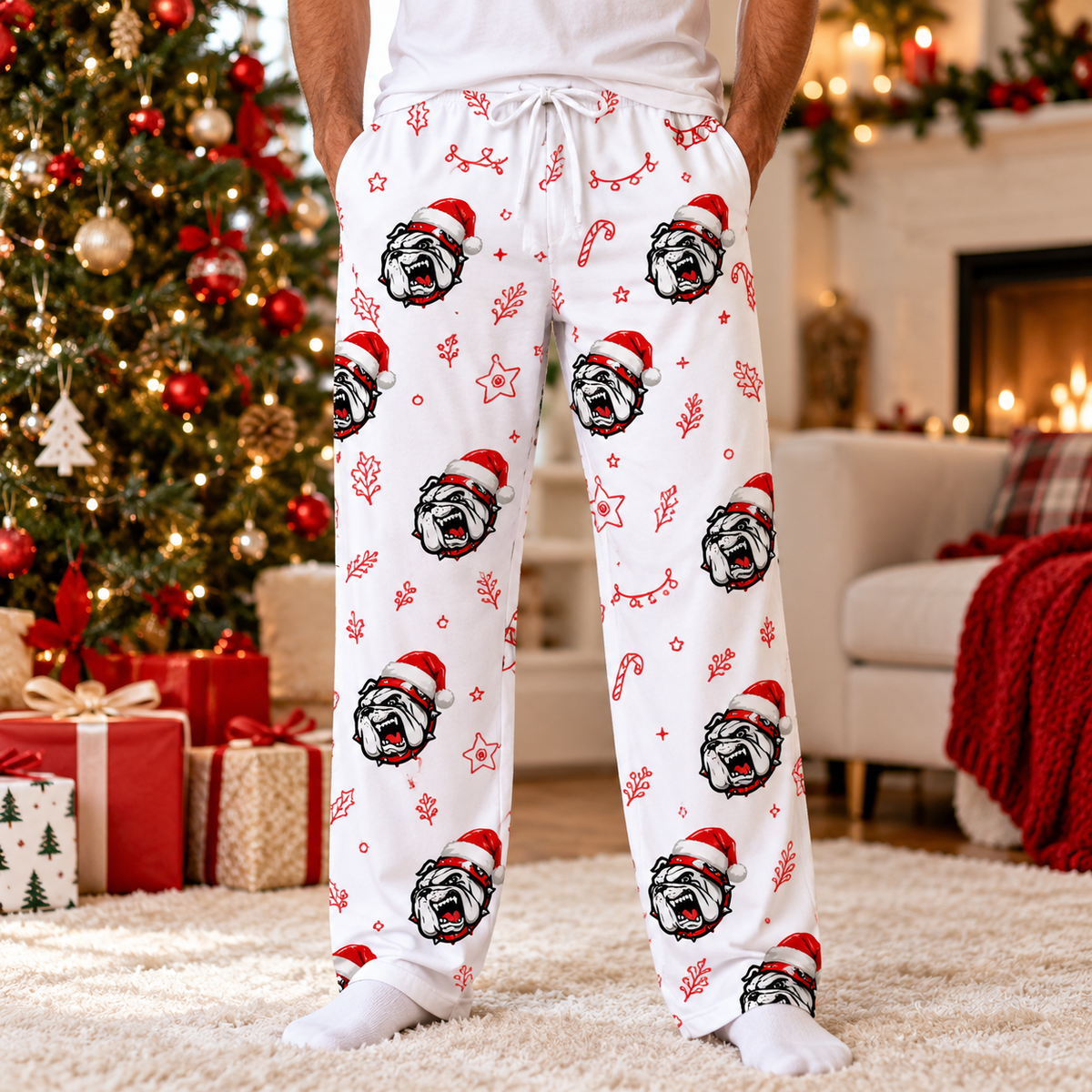 Personalized Logo/Mascot Christmas Pajama Pants, Custom Logo/Mascot Matching Christmas Lounge Pants