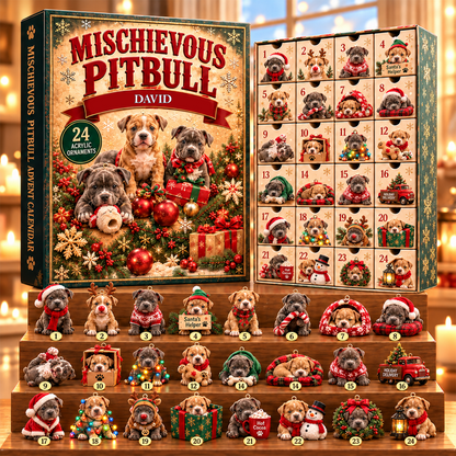 Personalized Mischievous Pitbull Advent Calendar – Custom Name 24 Days Christmas Dog Ornaments