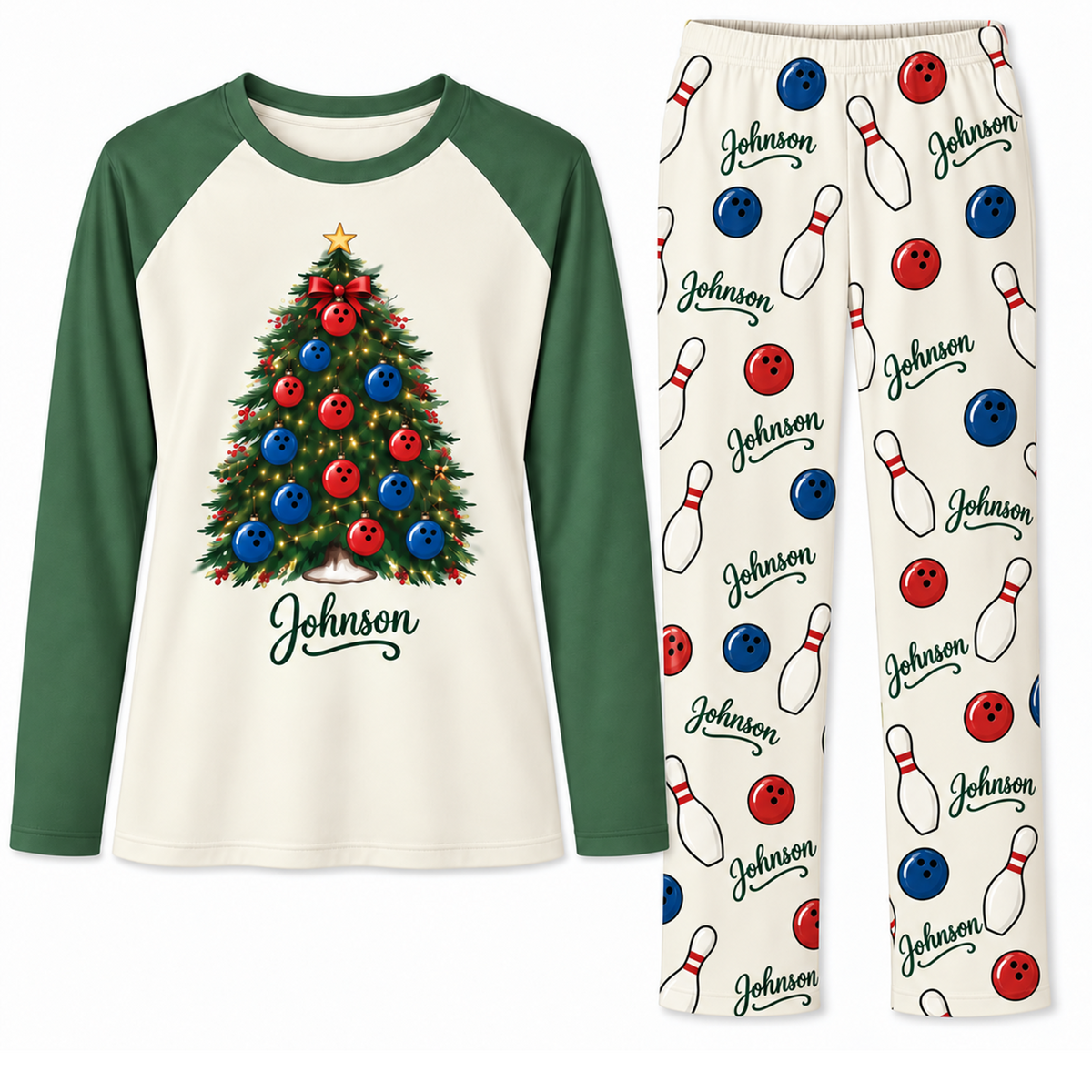 Personalized Name Festive Bowling Christmas Tree Family Pajama Sets
