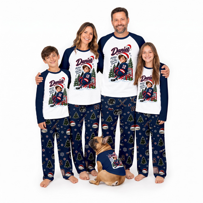 Personalized Hockey Christmas Matching Family Pajamas With Pet, Custom Photo Name & Number