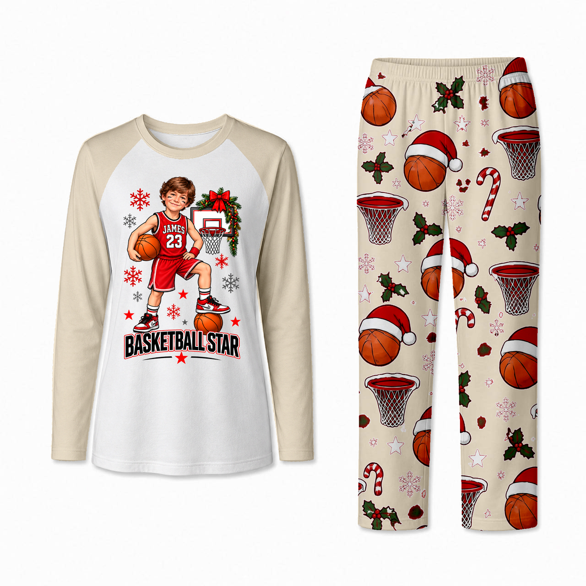 Custom Photo Basketball Star Christmas Matching Family Christmas Pajamas