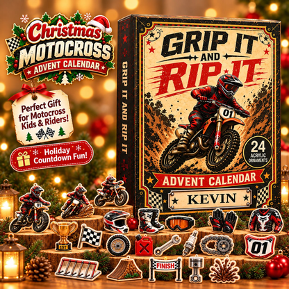 Personalized Motocross Christmas Advent Calendar With Custom Name, 24 Acrylic Ornaments