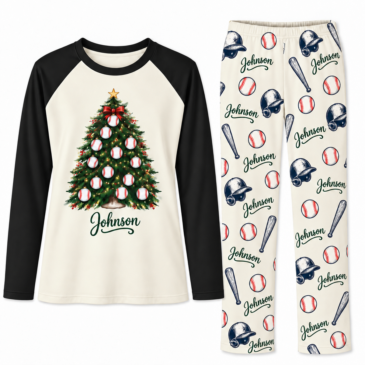 Personalized Name Festive Baseball Christmas Tree Matching Family Christmas Pajamas