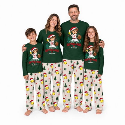 Custom Photo Cute Softball Christmas Player Matching Family Christmas Pajamas