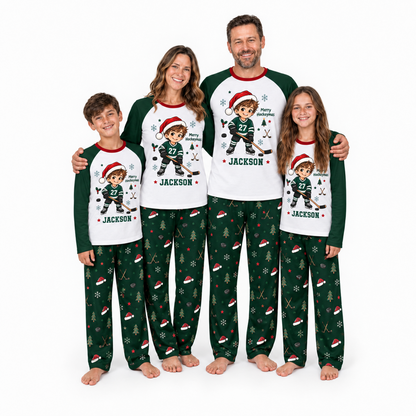 Personalized Hockey Christmas Pajamas Custom Name and Number Family Matching Holiday Pajama