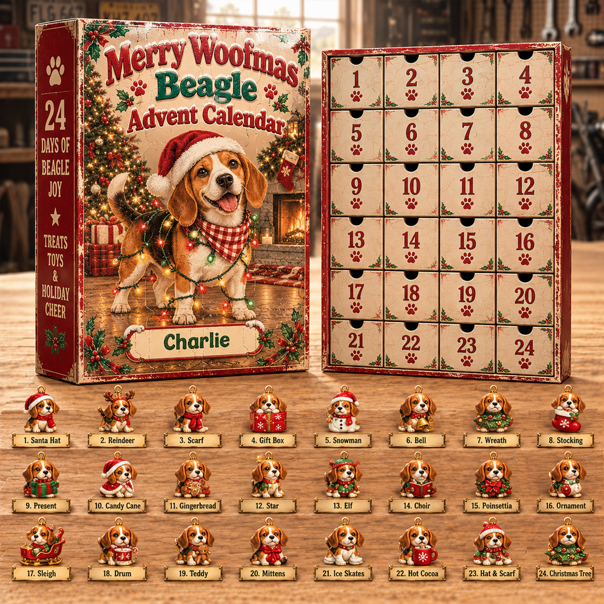 Cute Beagle Christmas Advent Calendar – Personalized Custom Name 24-Day Dog Ornaments Gift