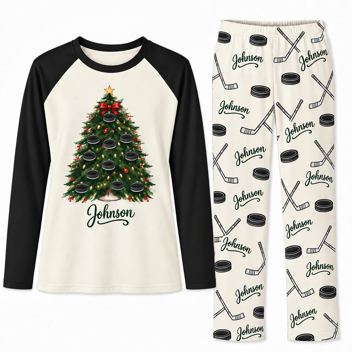 Custom Name Ice Hockey Christmas Tree Matching Pajama Sets