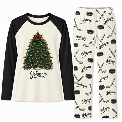 Custom Name Ice Hockey Christmas Tree Matching Pajama Sets