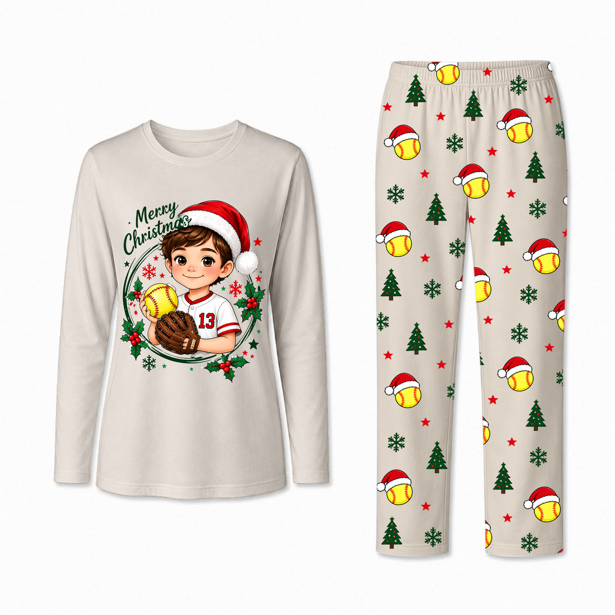 Custom Photo Cute Softball Christmas Player Matching Family Christmas Pajamas