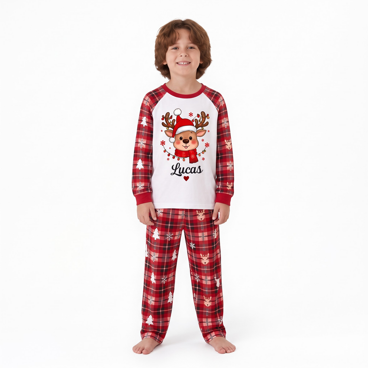 Cute Personalized Reindeer Santa Plaid Family Christmas Pajamas With Pet