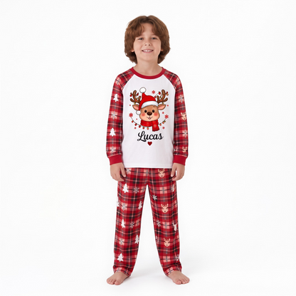 Cute Personalized Reindeer Santa Plaid Family Christmas Pajamas With Pet