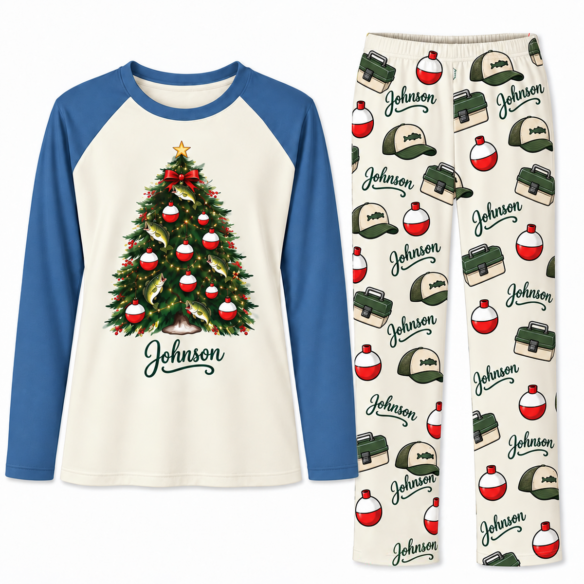 Custom Name Cute Fishing Christmas Tree Pajama Sets