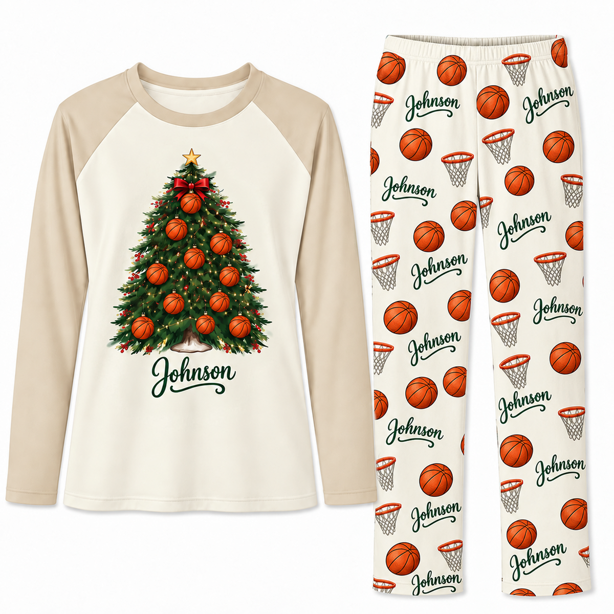Personalized Name Festive Basketball Christmas Tree Family Pajama Sets