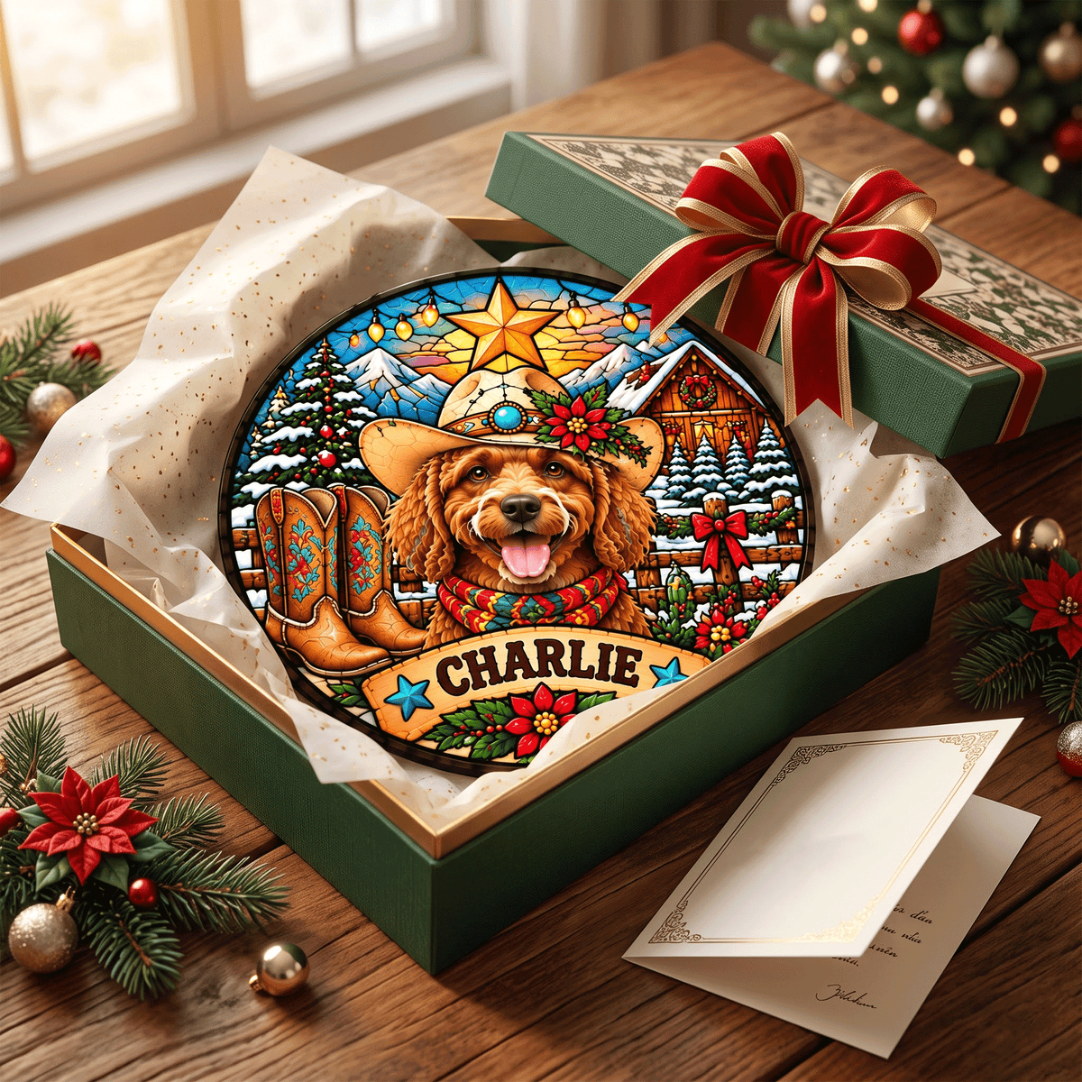 Personalized Western Christmas Pet Portrait Stained Glass Suncatcher – Custom Pet Name, Cowboy Holiday Window Hanging Gift