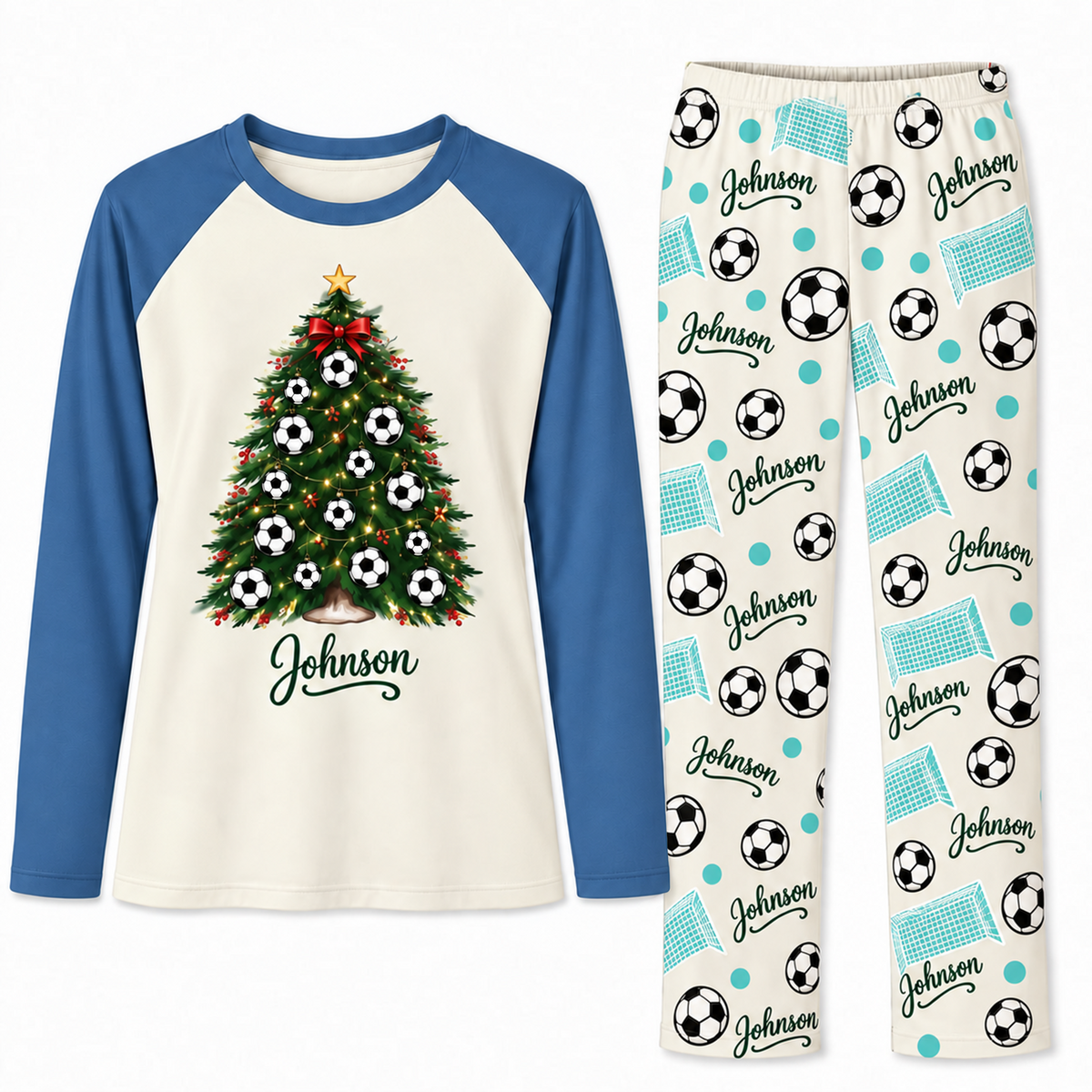 Custom Name Soccer Christmas Tree Matching Pajama Sets