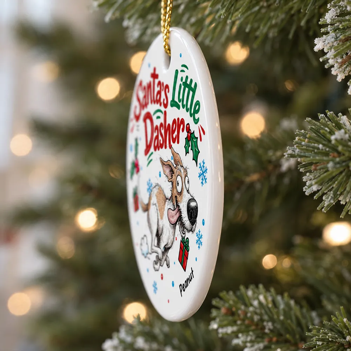 Merry Zoomies Quirky Dog Portrait From Your Custom Pet Photo - Personalized Ceramic Ornament - Funny Christmas Gift For Dog Lover