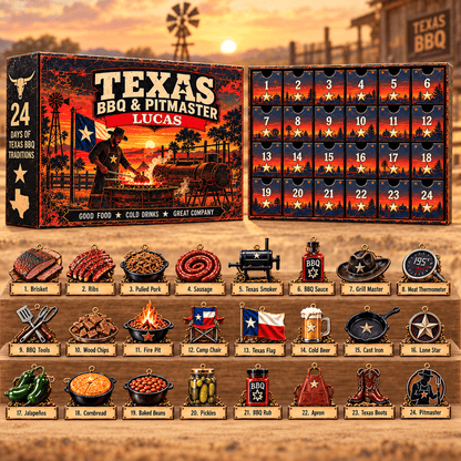 Personalized Texas BBQ Advent Calendar 2026 – 24 BBQ & Pitmaster Acrylic Ornaments, Custom Name Christmas Gift