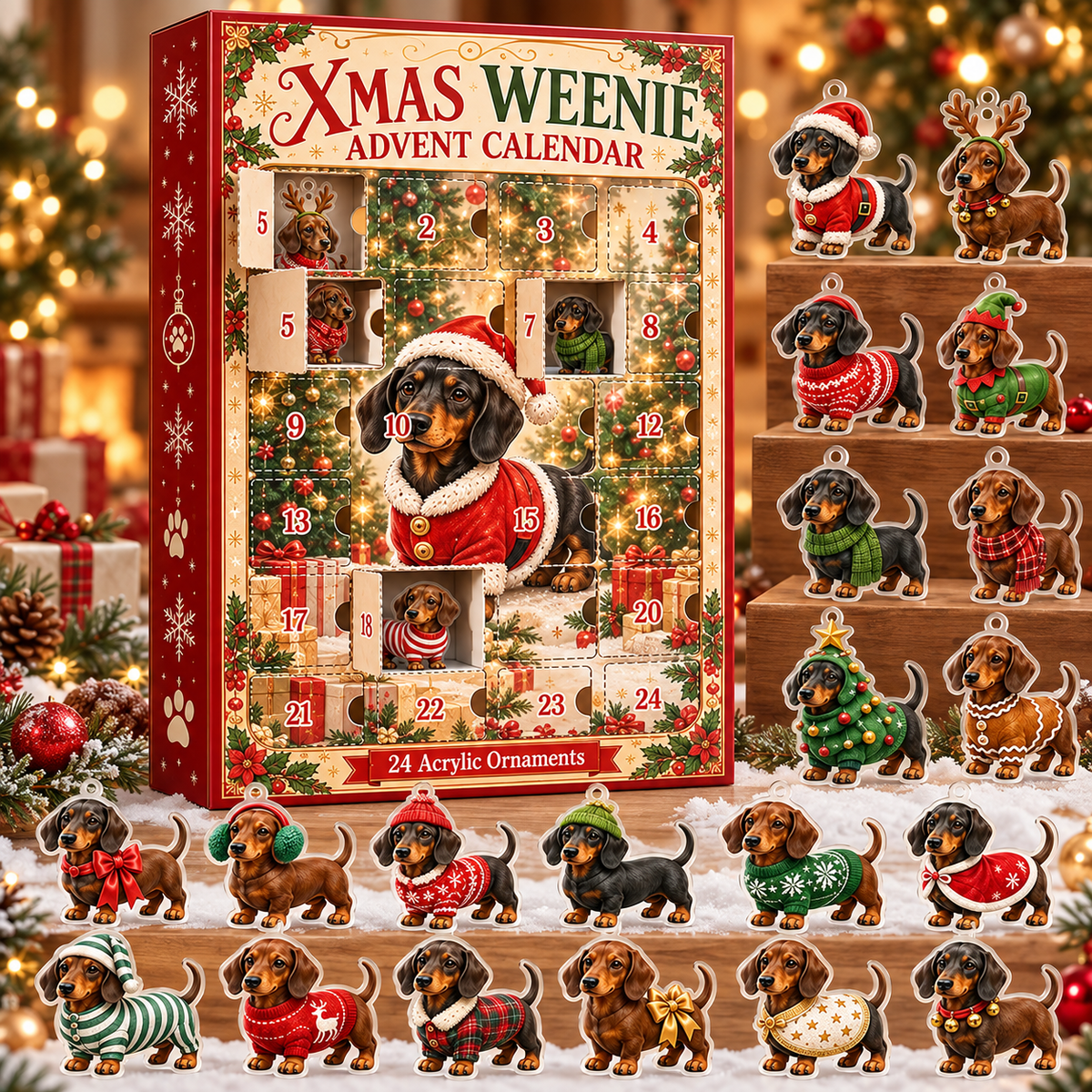 Dachshund Christmas Advent Calendar – 24 Weenie Dog Acrylic Ornaments for Dog Lovers
