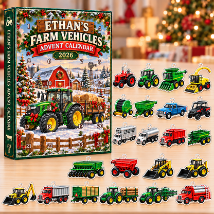 Personalized Farm Vehicles Advent Calendar 2026 – 2D Acrylic Farm Tractor & Truck Ornaments, Christmas Countdown, Farmer Gift