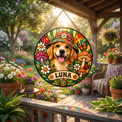 Personalized Hippie Pet Portrait Stained Glass Suncatcher – Custom Pet Name, Groovy Flower Power Peace Window Hanging Gift