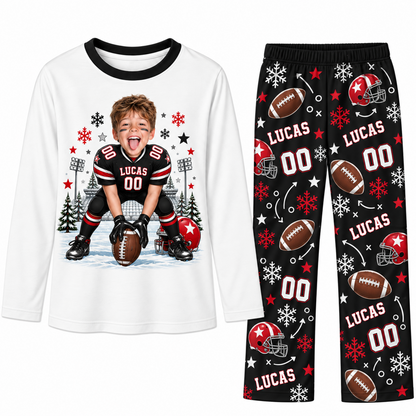 Custom Photo Name & Number Cute American Football Player Christmas Matching Family Pajamas