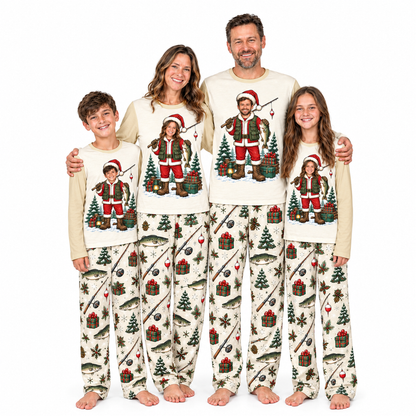 Custom Photo Funny Fishing Santa Claus Fisherman Matching Christmas Pajamas