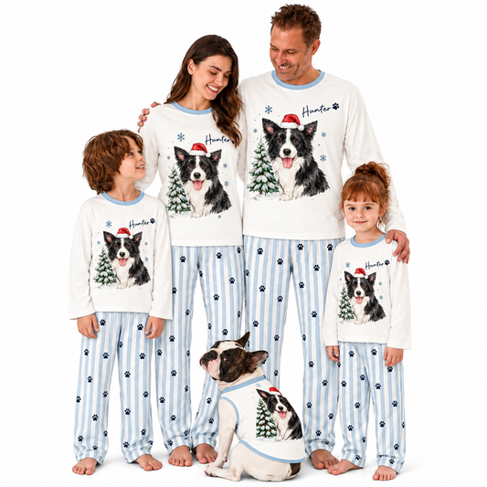Custom Pet Face Cute Border Collie Christmas Tree Matching Family Christmas Pajamas