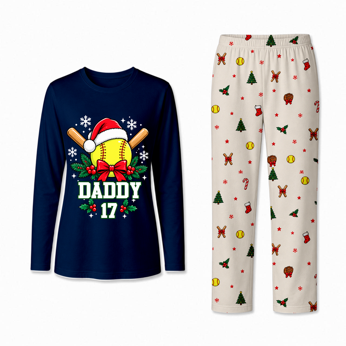 Personalized Softball Christmas Pajamas Custom Name and Number Family Matching Holiday Pajama