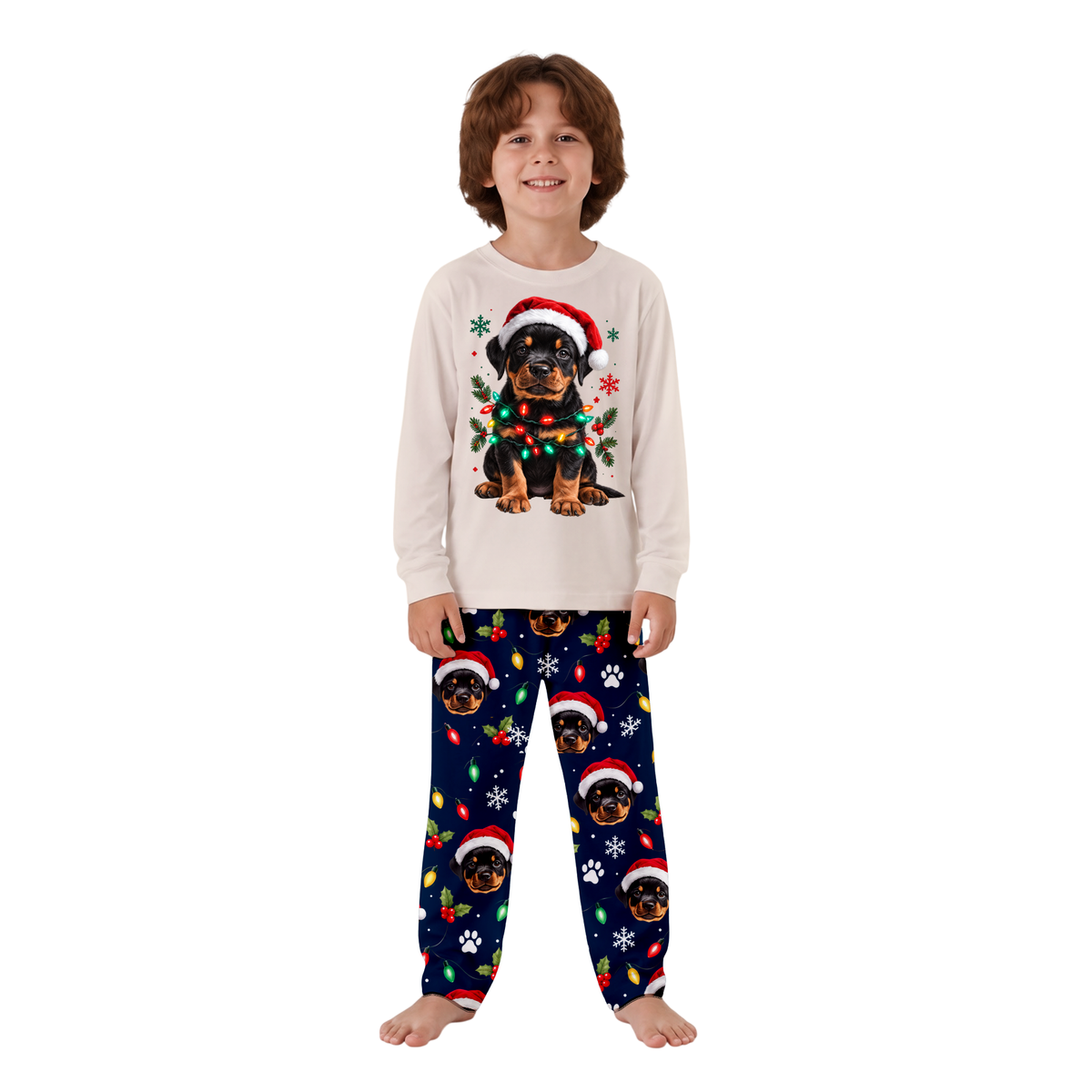 Custom Pet Photo Cute Christmas Lights Rottweiler Matching Family Christmas Pajamas