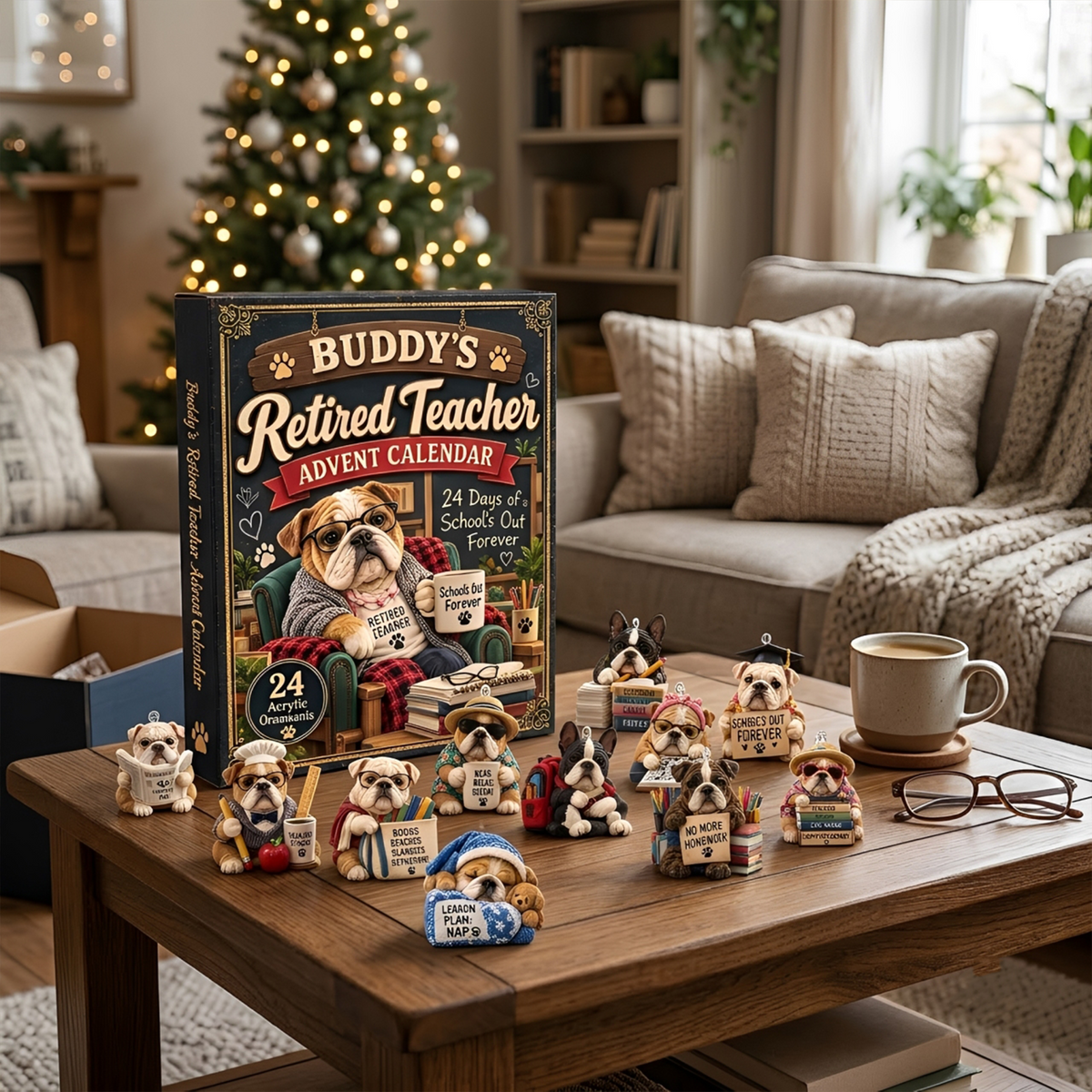 Personalized Retired Teacher Bulldog Advent Calendar – 24 Days of School's Out Forever