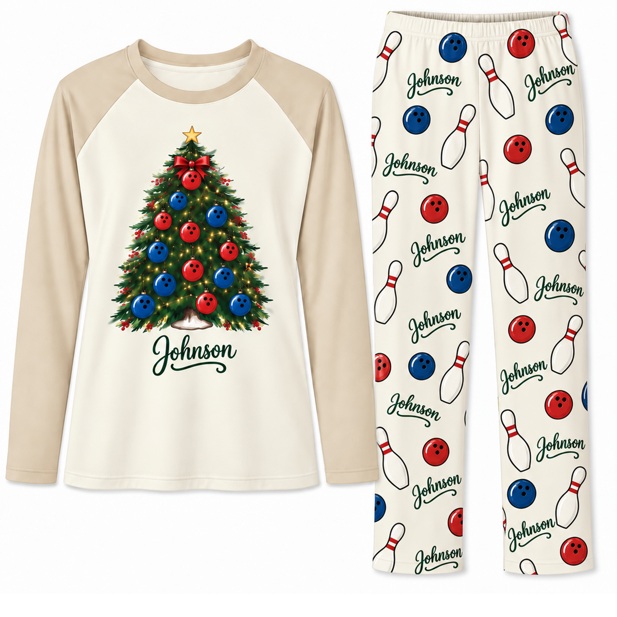 Personalized Name Festive Bowling Christmas Tree Family Pajama Sets