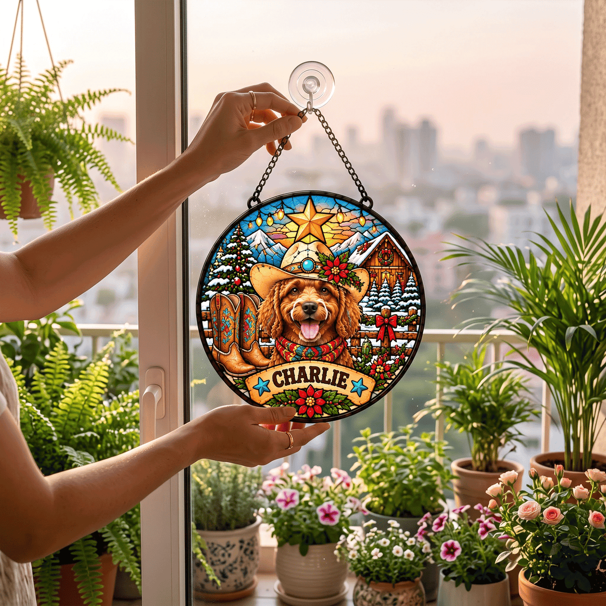 Personalized Western Christmas Pet Portrait Stained Glass Suncatcher – Custom Pet Name, Cowboy Holiday Window Hanging Gift