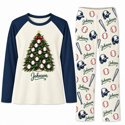 Personalized Name Festive Baseball Christmas Tree Matching Family Christmas Pajamas
