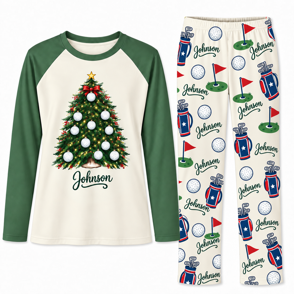 Personalized Name Golf Ball Christmas Tree Matching Christmas Pajamas