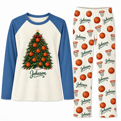 Personalized Name Festive Basketball Christmas Tree Family Pajama Sets