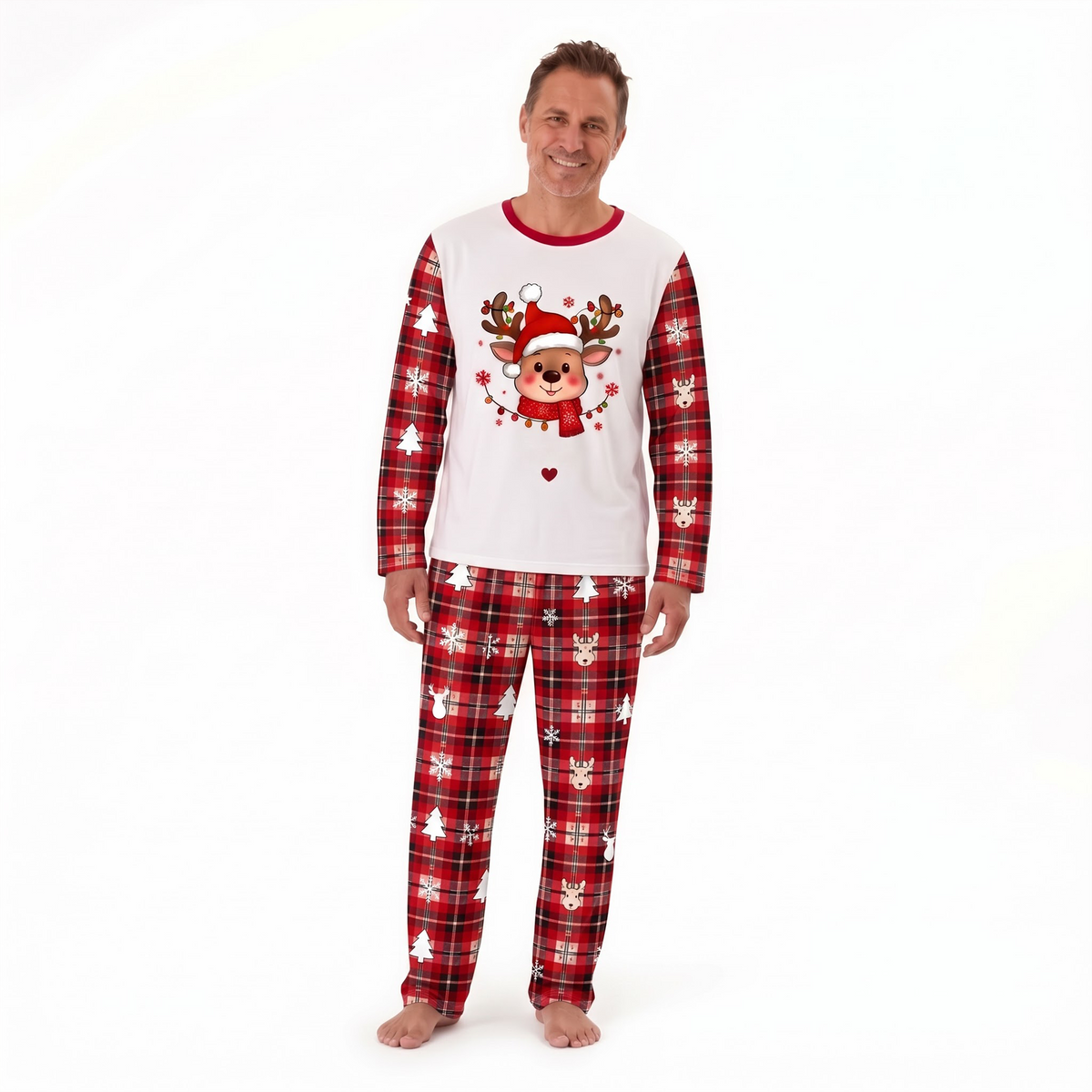 Cute Personalized Reindeer Santa Plaid Family Christmas Pajamas With Pet