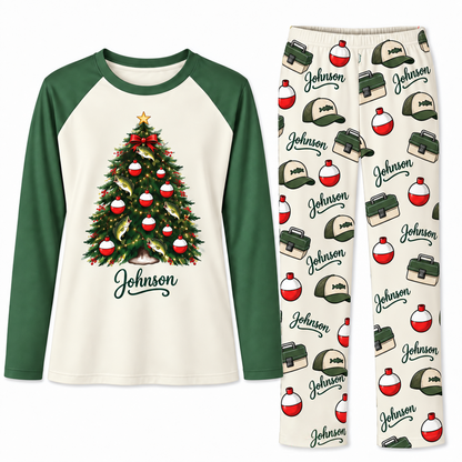 Custom Name Cute Fishing Christmas Tree Pajama Sets