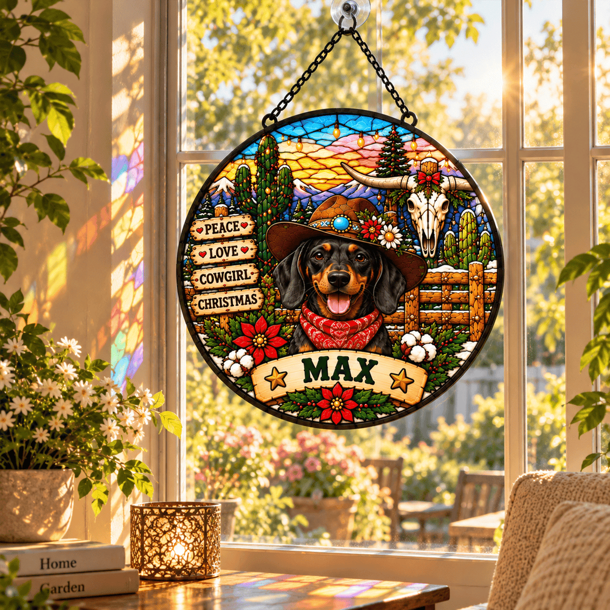 Personalized Cowgirl/Cowboy Christmas Pet Portrait Stained Glass Suncatcher, Custom Pet Name Western Holiday Window Hanging Gift